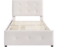 Gestoffeerd bed van 90 x 200 cm met lattenbodem, hoofdbord en twee lades, zachte fluwelen stof, beige eenpersoonsbed, kinderbed, tienerbed, logeerbed (matras niet inbegrepen).
