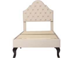Gestoffeerd bed van 90 x 200 mm met lattenbodem en hoofdbord; in hoogte verstelbaar hoofdbord; geschikt voor tieners en alleenstaanden; houten lattenbodem; eenvoudig te monteren; fluwelen bekleding; beige.