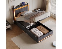 Gestoffeerd bed van 90x200 cm, eenpersoonsbed met opbergruimte en ledverlichting, kinderbed/logeerbed, lattenbodem, met opbergbox, grijs, linnen, zonder matras