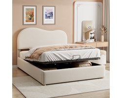 Gestoffeerd bed - verstelbaar hoofdeinde - speciaal gevormd hoofdeinde - tweepersoonsbed met opbergruimte - wolachtig wit - 140x200 cm