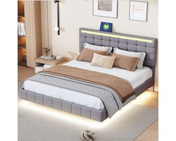 Gestoffeerd bed (Zonder matras), 160 x 200 cm, met LED-verlichting en hoofdeinde, zwevend design, linnen, Grijs