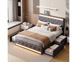 Gestoffeerd Bedframe 140x190 met LED & Lades – Grijs Linnen – USB & Type-C – Modern Design