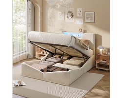 Gestoffeerd Bedframe 160x200 cm met Opbergruimte en LED - Fluweel Crèmekleurig incl. Lattenbodem