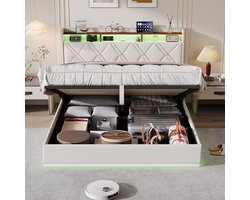 Gestoffeerd Bedframe 160x200 cm met Opbergruimte, LED-verlichting & USB-oplader – Tweepersoons Boxspring Bed met Hydraulische Opbergruimte – Modern Slaapkamer Bed