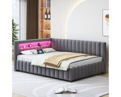 Gestoffeerd Bed/Slaapbank 140x200 cm, Bekleed met Fluweel, met Ledverlichting en USB-Oplaadpoort, Inclusief Rugleuning, Hoofdeinde en Stevig Bedframe, Donkergrijs