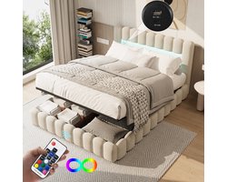 Gestoffeerd Boxspring Bed 180x200 cm Met Opbergruimte en Lattenbodem - Tweepersoonsbed Met USB-C - Hydraulisch Opbergbed Met LED - Linnen - Beige - Zonder Matras