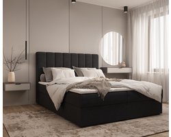Gestoffeerd Continentaal Bed, Bonell-matras en Topper, TweepeInspireME Boxspring Bed 01 - Bed - Comfortabel topmatras - Met hoofdeindeTot 300KG - Opbergruimte - 140x200Trinity 16 - Zwart