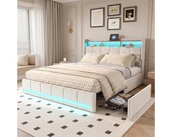 Gestoffeerd Dubbel Bed - Opbergbed Ladekast - Slaapkamer Organiseren - Ingebouwd Laadstation - 180x200 cm - Beige Linnen