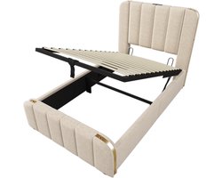 Gestoffeerd Eenpersoonsbed 90×200 cm Beige Linnen, Polsterbed met Gestoffeerd Hoofdeinde en Gouden Decoratieve Strepen, Hydraulisch Opbergbed met USB Type-C, Zonder Matras