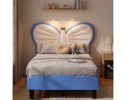 Gestoffeerd Eenpersoonsbed 90x190 cm - Kinderbed met leeslamp en verstelbaar vlinder hoofdbord - Fluwelen bed - Blauw en Wit