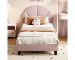 Gestoffeerd eenpersoonsbed 90x190 cm Roze - Velvet Peuterbed voor meisjes, kinderbed met verstelbaar hoofdeinde en lattenbodem, zonder matras