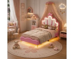 Gestoffeerd eenpersoonsbed 90x190cm met LED-verlichting, kinderbed, tienerbed, metalen frame, lattenbodem, eenpersoonsbed, Roze, PU-leer