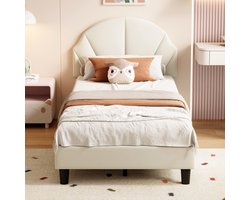 Gestoffeerd eenpersoonsbed 90x200 cm Beige - Velvet Peuterbed voor meisjes, kinderbed met verstelbaar hoofdeinde en lattenbodem, zonder matras