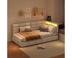 Gestoffeerd eenpersoonsbed - Bankbed Tienerbed - Moderne Slaapkamer Inrichten - Met LED en USB - 90 x 200 cm - Grijs