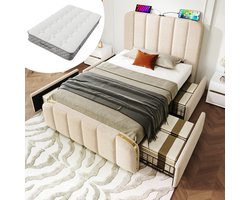 Gestoffeerd eenpersoonsbed, gewatteerd hoofdeinde met gouden sierstrepen en USB Type-C oplaadfunctie, 90*200 cm, beige linnen met 4 lades (inclusief matras)