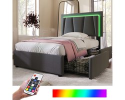 Gestoffeerd eenpersoonsbed met LED en 2 lades - Tiener- en logeerkamer 90x200 cm - Grijs/Beige - Verstelbaar hoofdeinde ±10 cm - LED-verlichting met afstandsbediening - Stabiel tot 300 lbs