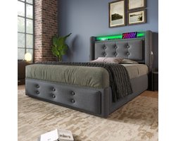 Gestoffeerd eenpersoonsbed met LED en USB-C - Slaap- en tienerkamer 90x200 cm - Grijs - Hydraulisch opbergvak - Zachte katoenen bekleding - Stabiel frame tot 150 kg