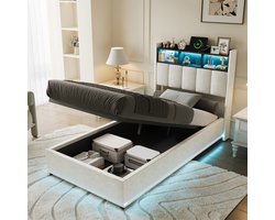 Gestoffeerd eenpersoonsbed met LED-verlichting en grote opbergruimte, 90x200 cm, hydraulisch bed met opbergbaar hoofdeinde, wit