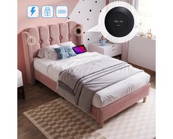 Gestoffeerd eenpersoonsbed, met USB-oplaadhoofdeinde, jeugdbed, bedframe met lattenbodem, huidvriendelijke fluwelen stof, zonder matras, roze, 90 x 200 cm