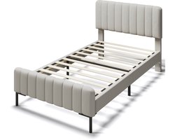 Gestoffeerd eenpersoonsbed van 90 x 200 cm met bedframe voorzien van een lattenbodem en een verstelbaar hoofdeinde; grijsbeige gestoffeerd bed; bedframe voor tienerkamer/logeerkamer - beddengoed (matras inbegrepen).