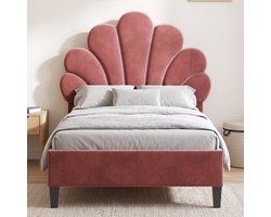 Gestoffeerd Fluwelen bed - Eenpersoonsbed 90x200 cm - Kinderbed met Verstelbaar bloemvormig hoofdbord en Lattenbodem - Roze