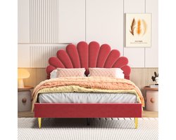 Gestoffeerd kinderbed, 140 x 200 cm, een-/dubbelbed voor meisjes, bedframe met bloemvormig hoofdeinde en lattenbodem, bed voor tienermeisjes, zonder matras, fluweel, Bordeaux