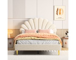 Gestoffeerd kinderbed, 140 x 200 cm, een-/dubbelbed voor meisjes, bedframe met bloemvormig hoofdeinde en lattenbodem, bed voor tienermeisjes, zonder matras, fluweel, beige
