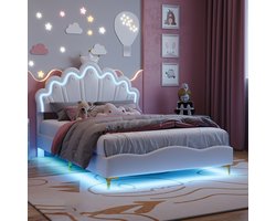 Gestoffeerd kinderbed 140x200 cm met LED - eenpersoonsbed voor meisjes, tienerbed met in hoogte verstelbaar hoofdeinde en lattenbodem, prinsessenbed PU Wit (zonder matras)