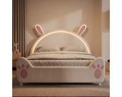 Gestoffeerd Kinderbed 140x200 cm - Tweepersoonsbed met LED en Konijnenoren hoofdbord - Fluwelen bed met Lattenbodem - Wit