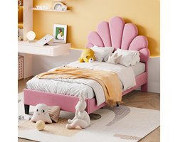 Gestoffeerd kinderbed 90 x 200 cm, bedframe met bloemvormig hoofdeinde en lattenbodem, tienermeisjesbed in huidvriendelijke fluwelen stof, logeerbed (kleur: pink)