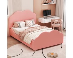 Gestoffeerd kinderbed 90 x 200 cm hoge reling kinderbedframe met wolkvormig hoofd- en voetbord. Eenpersoonsbed in huidvriendelijk roze fluweel