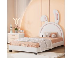 Gestoffeerd Kinderbed 90 x 200 cm met Rugleuning en Hoge Poten – Veilig Meisjesbed met Anti-botsingsdesign