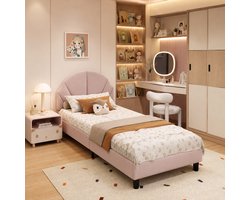Gestoffeerd kinderbed 90x190 cm – Eenpersoonsbed voor meisjes – Bedframe met in hoogte verstelbaar hoofdbord en lattenbodem – Fluweel - Roze (matras niet inbegrepen)