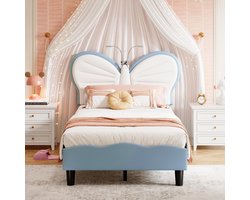 Gestoffeerd kinderbed 90x190 cm - Velvet Butterfly Princess Bed met leeslampje, verstelbaar hoofdeinde en lattenbodem, zonder matras, blauw