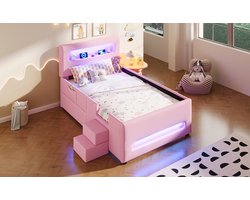Gestoffeerd Kinderbed 90x200 cm - Kinderbed met LED Verlichting, Opberglade, Trap, USB Aansluiting en Opbergzak - Roze