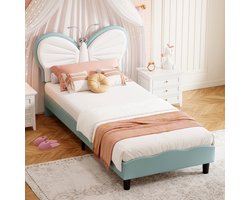 Gestoffeerd kinderbed 90x200 cm - Velvet Butterfly Princess Bed met leeslampje, verstelbaar hoofdeinde en lattenbodem, zonder matras, blauw