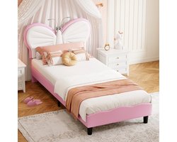 Gestoffeerd kinderbed 90x200 cm - Velvet Butterfly Princess Bed met leeslampje, verstelbaar hoofdeinde en lattenbodem, zonder matras, roze