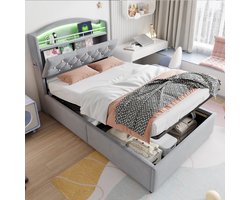 Gestoffeerd Kinderbed 90x200 - Met Opbergruimte LED En USB - Multifunctioneel Bed - Fluweel - Grijs
