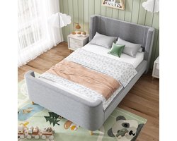 Gestoffeerd kinderbed, eenpersoons hemelbed met kosmisch patroon, 90 x 200 cm, voor jongens en meisjes, grijs, fluweel (zonder matras)