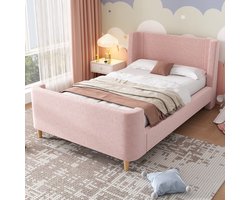 Gestoffeerd kinderbed, eenpersoons sleebed met kosmisch patroon, 90 x 200 cm, voor jongens en meisjes, roze, fluweel (zonder matras)