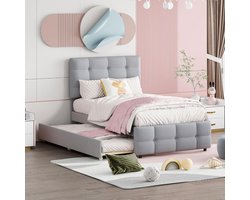 Gestoffeerd Kinderbed - Jeugdbed Logeerbed - Slapen Ontspannen - Uittrekbaar Extra Bed - 90 x 200 cm - Grijs