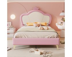 Gestoffeerd kinderbed met kroonvormig hoofdeinde - Wood Princess Low Platform Bed voor jongens en meisjes - eenpersoonsbed met metalen bedpoten - PU-leer 90x200cm - wit en roze