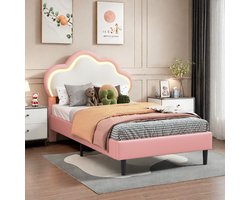 Gestoffeerd kinderbed met LED-verlichting, eenpersoonsbed 90x200cm, met wolkvormig hoofdeinde, PU-bekleding, zonder matras