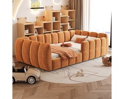 Gestoffeerd Kinderbed Op De Grond 90 X 200 cm, Eenpersoonsbed, Fluwelen Bekleding, Volledig Gesloten Ontwerp, Afgeronde Hoeken, Geschikt Voor Kinder-, Peuter- En Tienerkamers, Beige (Matras Niet Inbegrepen), Oranje