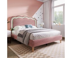 Gestoffeerd kinderbed van 140x200 cm met ledverlichting - Eenpersoonsbed voor meisjes - Tienerbed - Met in hoogte verstelbaar hoofdeinde en lattenbodem - Roze fluwelen prinsessenbed (matras niet inbegrepen)