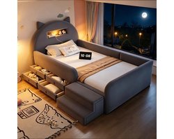 Gestoffeerd Kinderbed Van 90 X 200 cm, Eenpersoonsbed, Met Schattig Oorvormig Hoofdeinde, Opbergplank, Nachtlampje En Usb-Poort In Het Hoofdeinde, Met Afneembare Voetensteun En Opberglade, Bekleed Met Fluweel- Donkergrijs