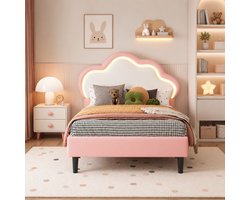 Gestoffeerd kinderbed van 90x200 cm met LED-verlichting, eenpersoonsbed voor meisjes, met in hoogte verstelbaar hoofdeinde en lattenbodem, prinsessenbed, gestoffeerd bed, fluweel Roze