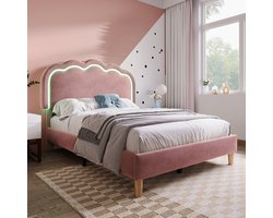 Gestoffeerd kinderbed van 90x200 cm met ledverlichting - Eenpersoonsbed voor meisjes - Tienerbed - Met in hoogte verstelbaar hoofdeinde en lattenbodem - Roze fluwelen prinsessenbed (matras niet inbegrepen)