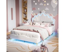 Gestoffeerd kinderbeden 140x190 cm met LED - eenpersoonsbed voor meisjes, tienerbed met in hoogte verstelbaar hoofdeinde en lattenbodem, prinsessenkroonbed PU Wit (zonder matras)