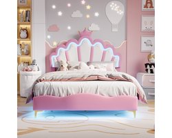 Gestoffeerd kinderbeden 140x200 cm met LED - eenpersoonsbed voor meisjes, tienerbed met in hoogte verstelbaar hoofdeinde en lattenbodem, prinsessenkroonbed PU Roze (zonder matras)